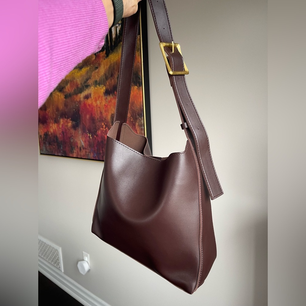 Chocolate-Raisin Shoulder Tote Bag with Gold Buckle - Supple Soft & Spacious